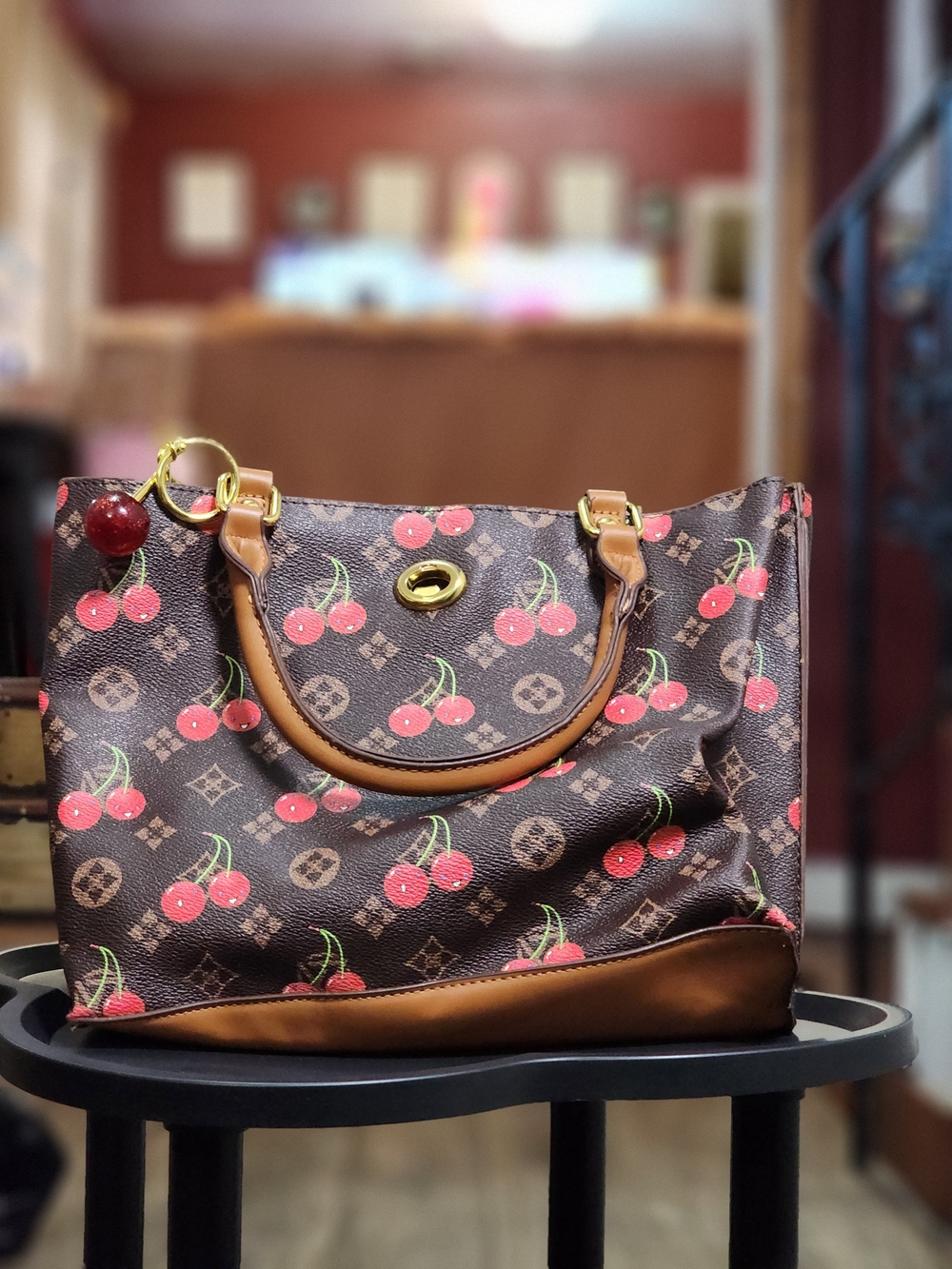 Designer-Inspired Cherry Print Tote Bag in Brown and Red